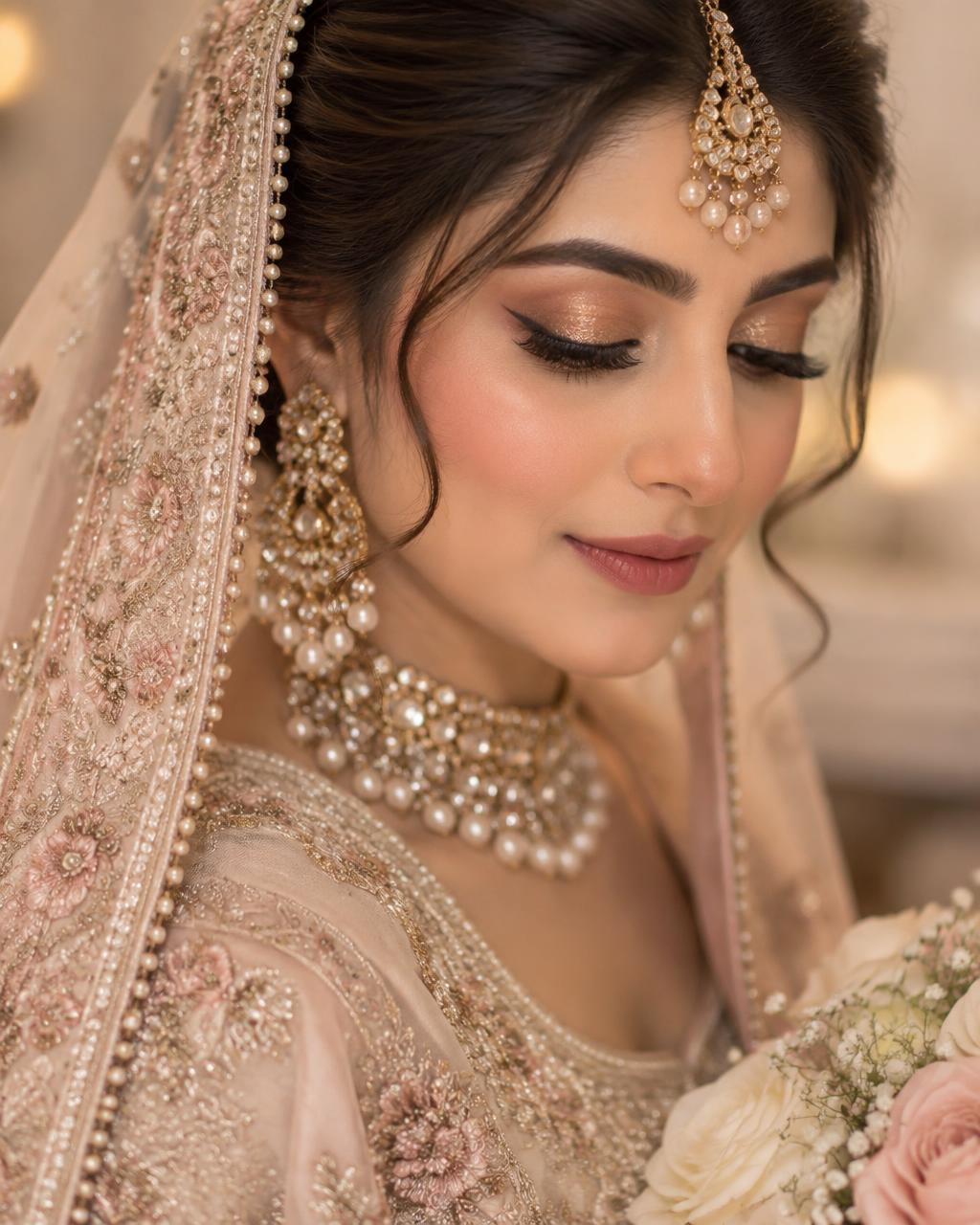 Bride with soft golden bridal makeup and pearl jewellery