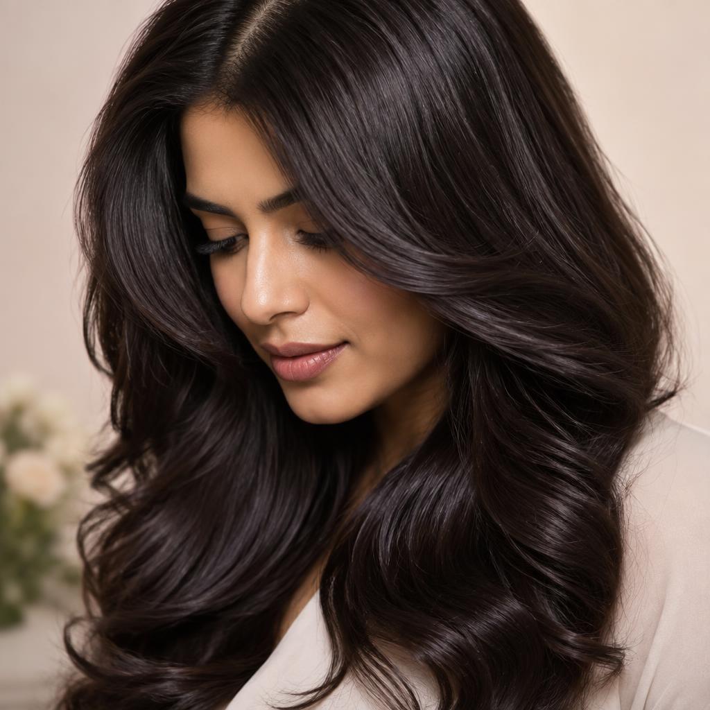 Glossy dark hair styled in soft waves