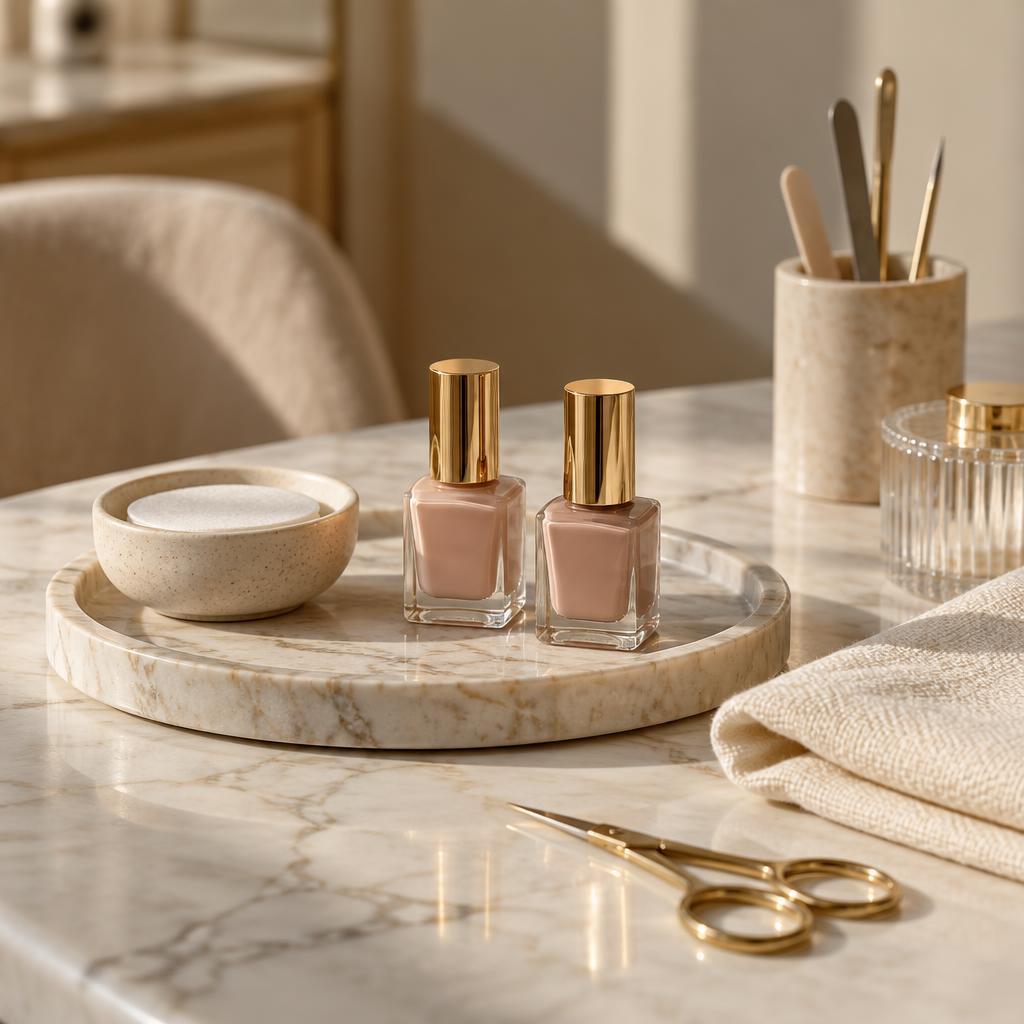 Marble manicure tray with nude polish bottles and brass tools