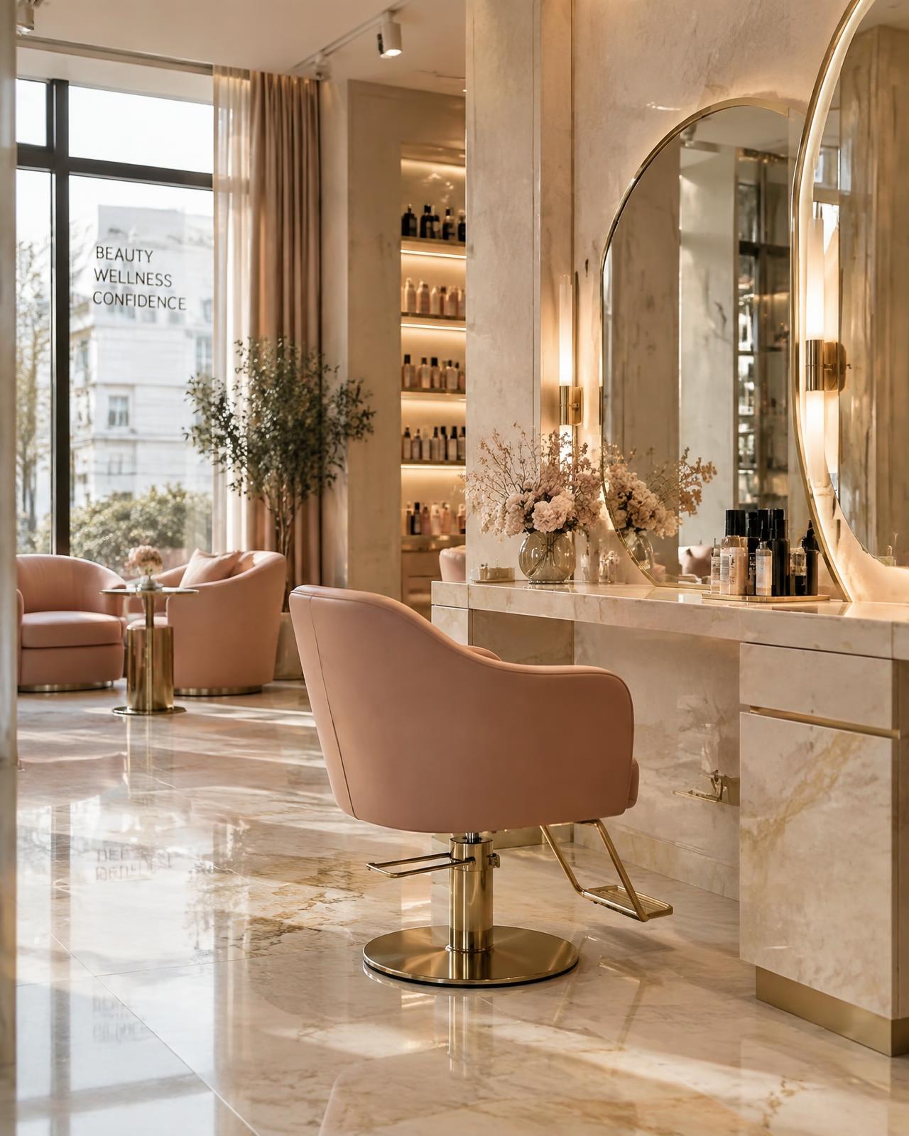 The styling floor at Luxe Beauty Studio, with marble counters and blush chairs